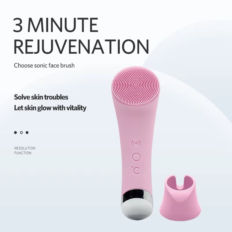Rechargeable Facial Cleansing Brush with Heat Massage End Vibrating Exfoliating Electric Silicone Face Scrubber
