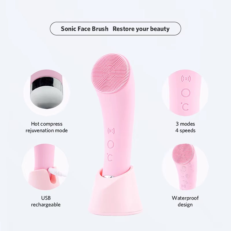 Rechargeable Facial Cleansing Brush with Heat Massage End Vibrating Exfoliating Electric Silicone Face Scrubber