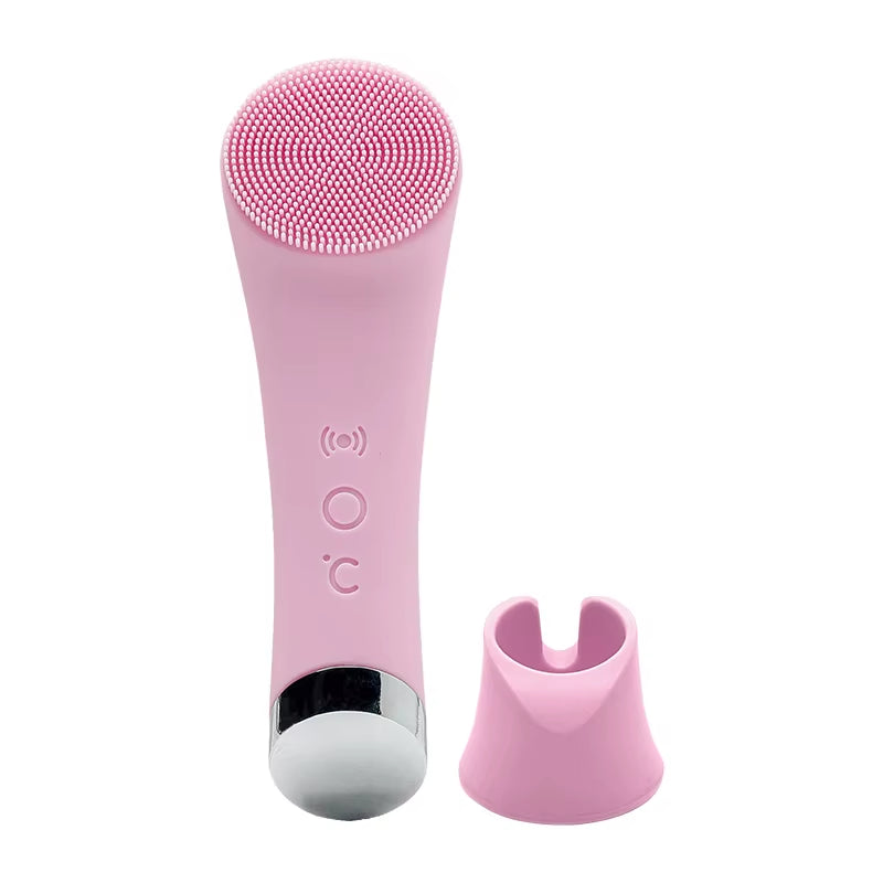 Rechargeable Facial Cleansing Brush with Heat Massage End Vibrating Exfoliating Electric Silicone Face Scrubber